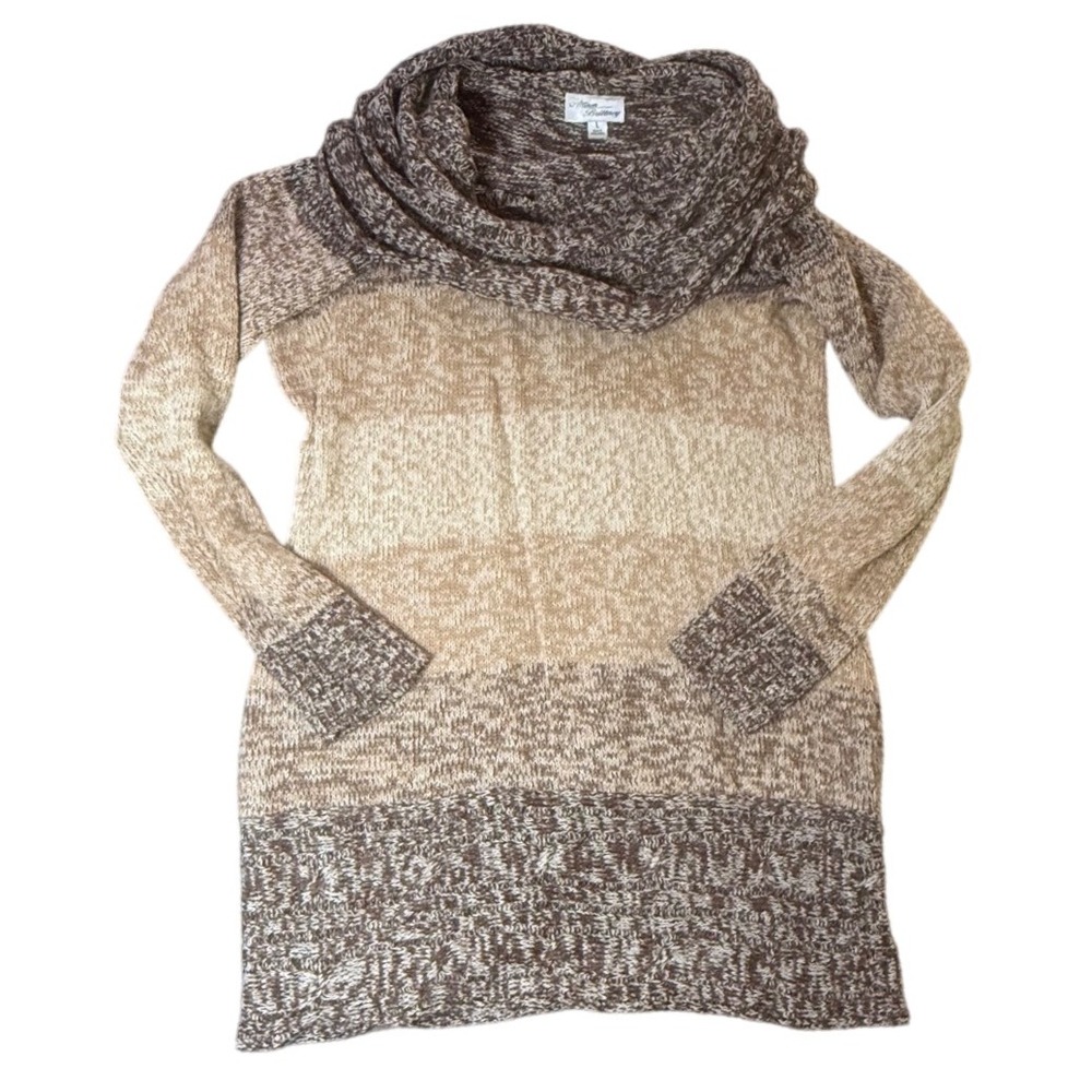 Allison Brittney Cowl Neck Sweater Knit Tunic Pullover Brown Beige‎ L